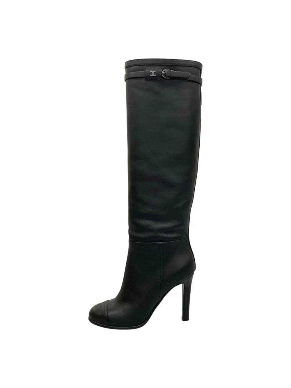 Chanel Long Boots 37.5 C Black CC Logo Leather